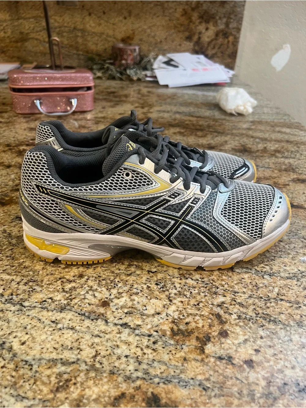 ASICS Gray and Yellow Mesh Running Sneakers